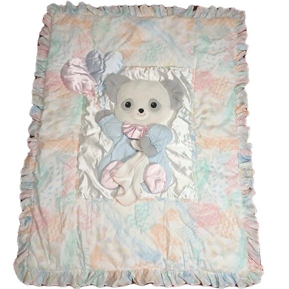 Vtg Lambs & Ivy Baby Blanket & Crib Sheet Bear Balloon Applique Pastel Ruffle - Picture 1 of 16